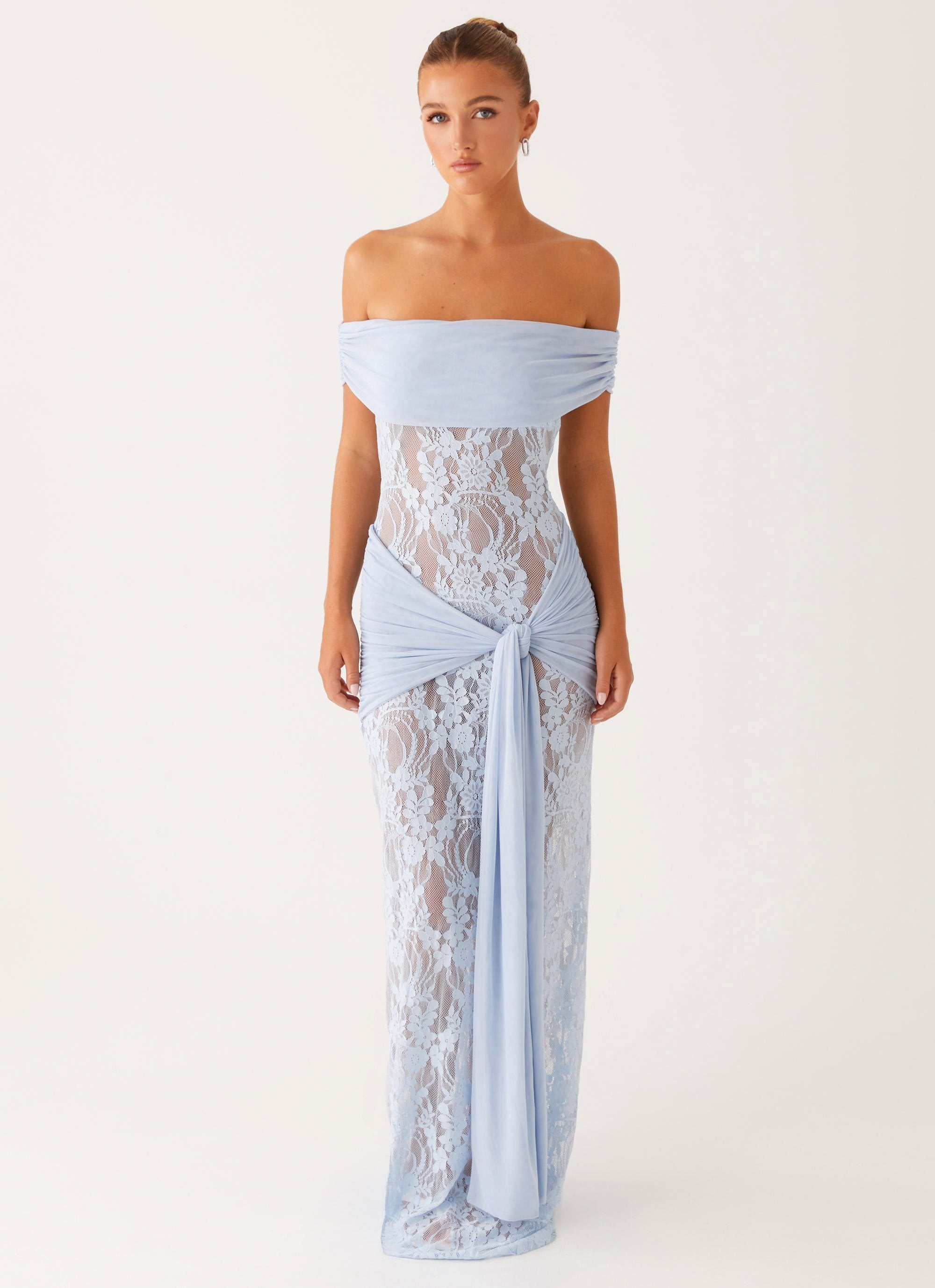 Women's Off Shoulder Lace Panel Maxi Dress - Tie Waist Long Sleeve