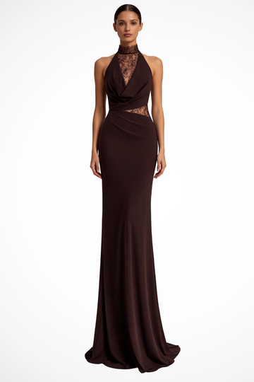 Women's Halter Neck Lace Panel Sleeveless Maxi Dress - Bodycon