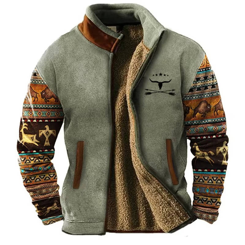 Fleece Jacket with Aztec Geometric Pattern and Stand Collar for Men
