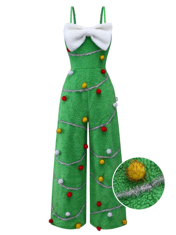 Green 1930s Christmas Tree Pom-Pom Bow Jumpsuit - vintage jumpsuit, retro fashion