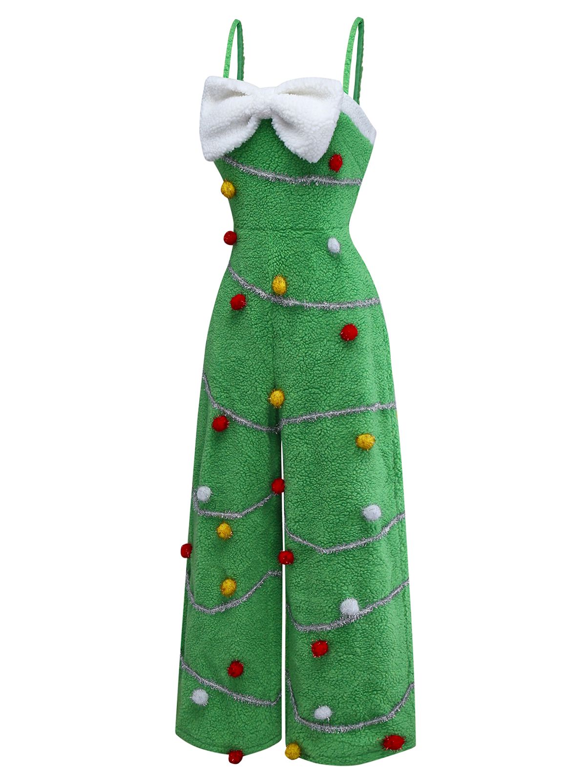Green 1930s Christmas Tree Pom-Pom Bow Jumpsuit - vintage jumpsuit, retro fashion