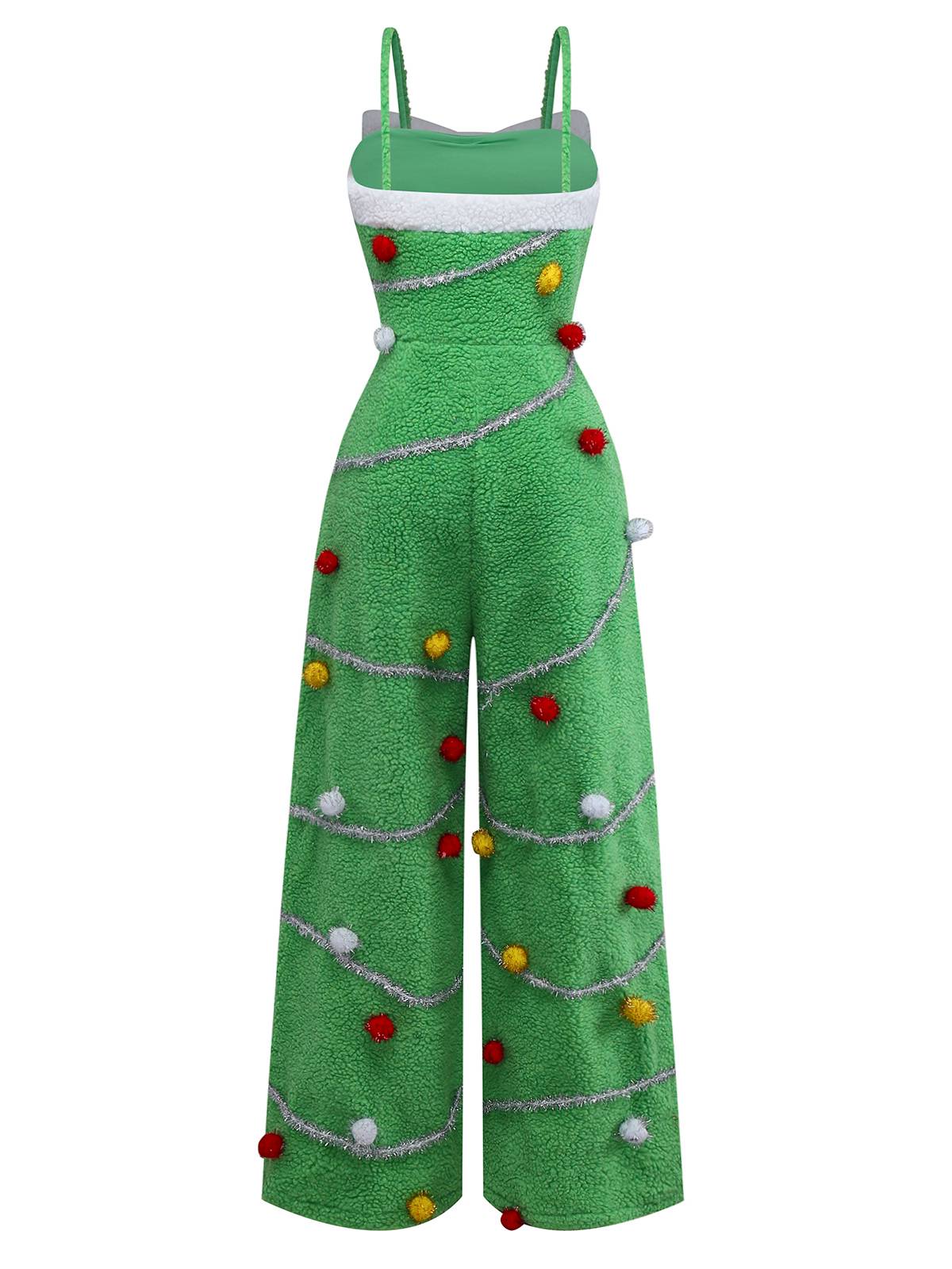 Green 1930s Christmas Tree Pom-Pom Bow Jumpsuit - vintage jumpsuit, retro fashion