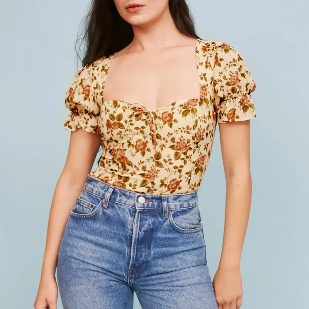 Women’s Square Neck Blouse with Puff Sleeves and Tie Front Detail Floral Top