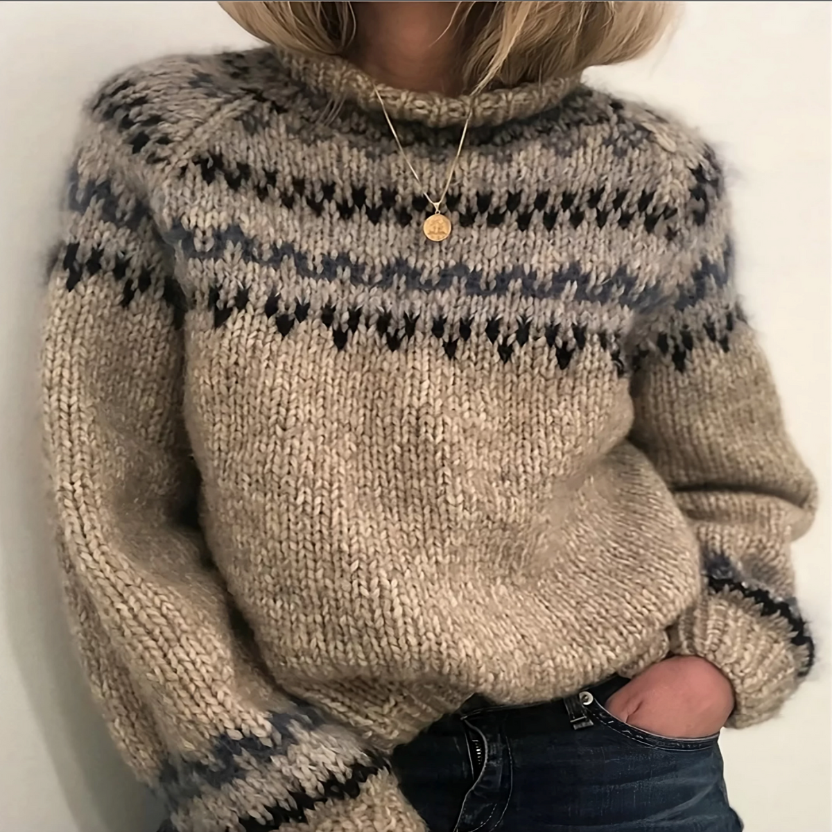 Women's Turtleneck Sweater with Fair Isle Pattern and Dropped Shoulders, Wool Knit