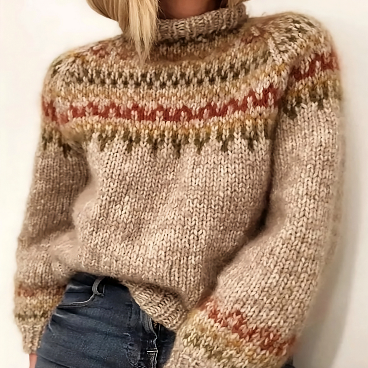 Women's Turtleneck Sweater with Fair Isle Pattern and Dropped Shoulders, Wool Knit
