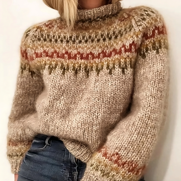 Women's Turtleneck Sweater with Fair Isle Pattern and Dropped Shoulders, Wool Knit