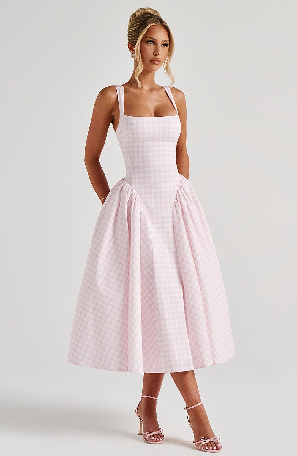 Women's Gingham Check Midi Dress - Square Neckline - Sleeveless