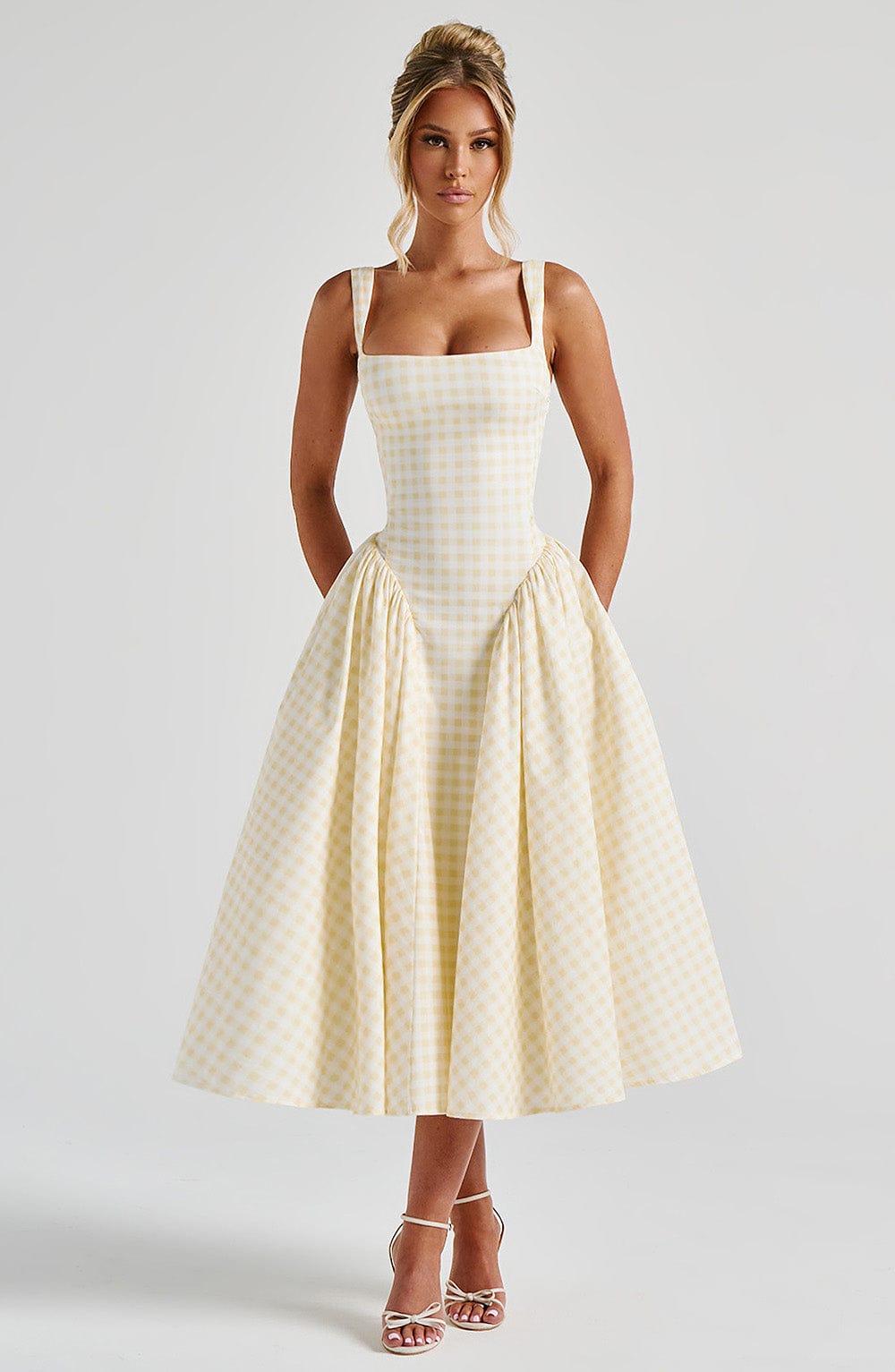 Women's Gingham Check Midi Dress - Square Neckline - Sleeveless