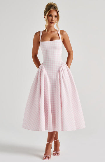 Women's Gingham Check Midi Dress - Square Neckline - Sleeveless