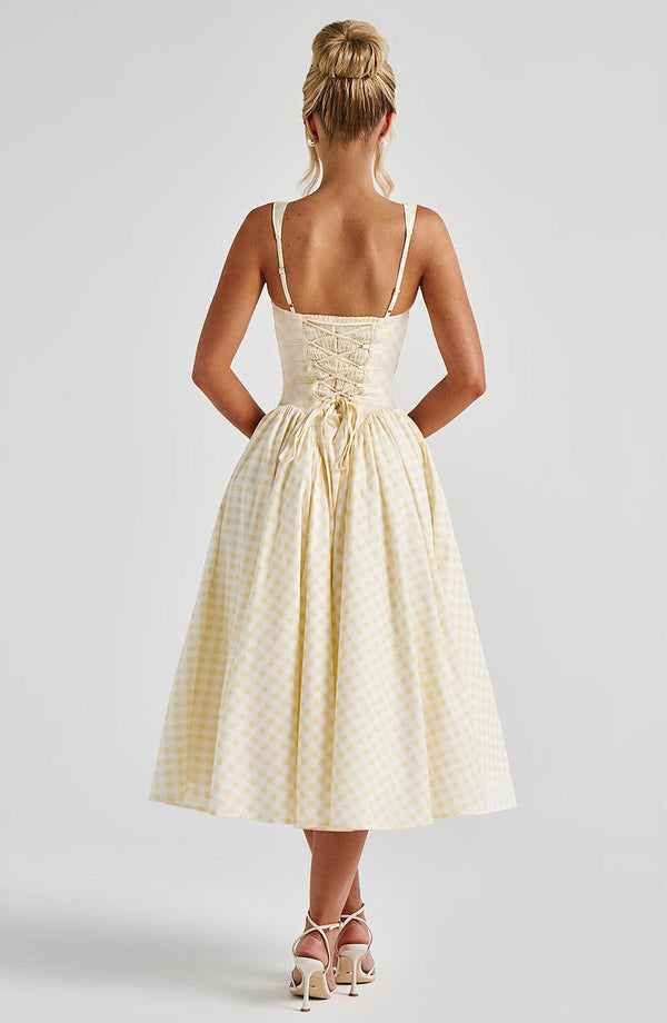 Women's Gingham Check Midi Dress - Square Neckline - Sleeveless