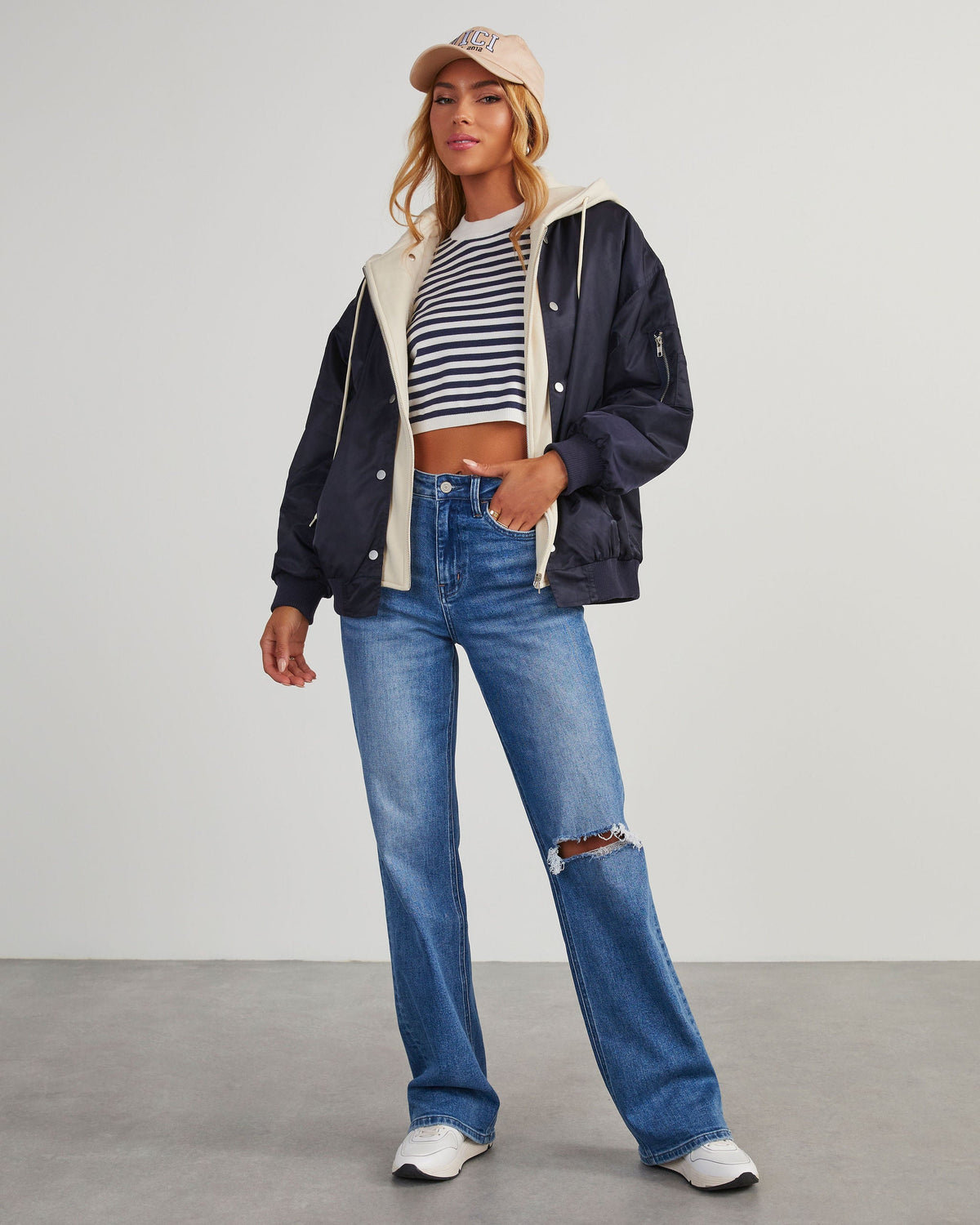 Navy/Cream % Campus Oversized Hooded Bomber Jacket-5