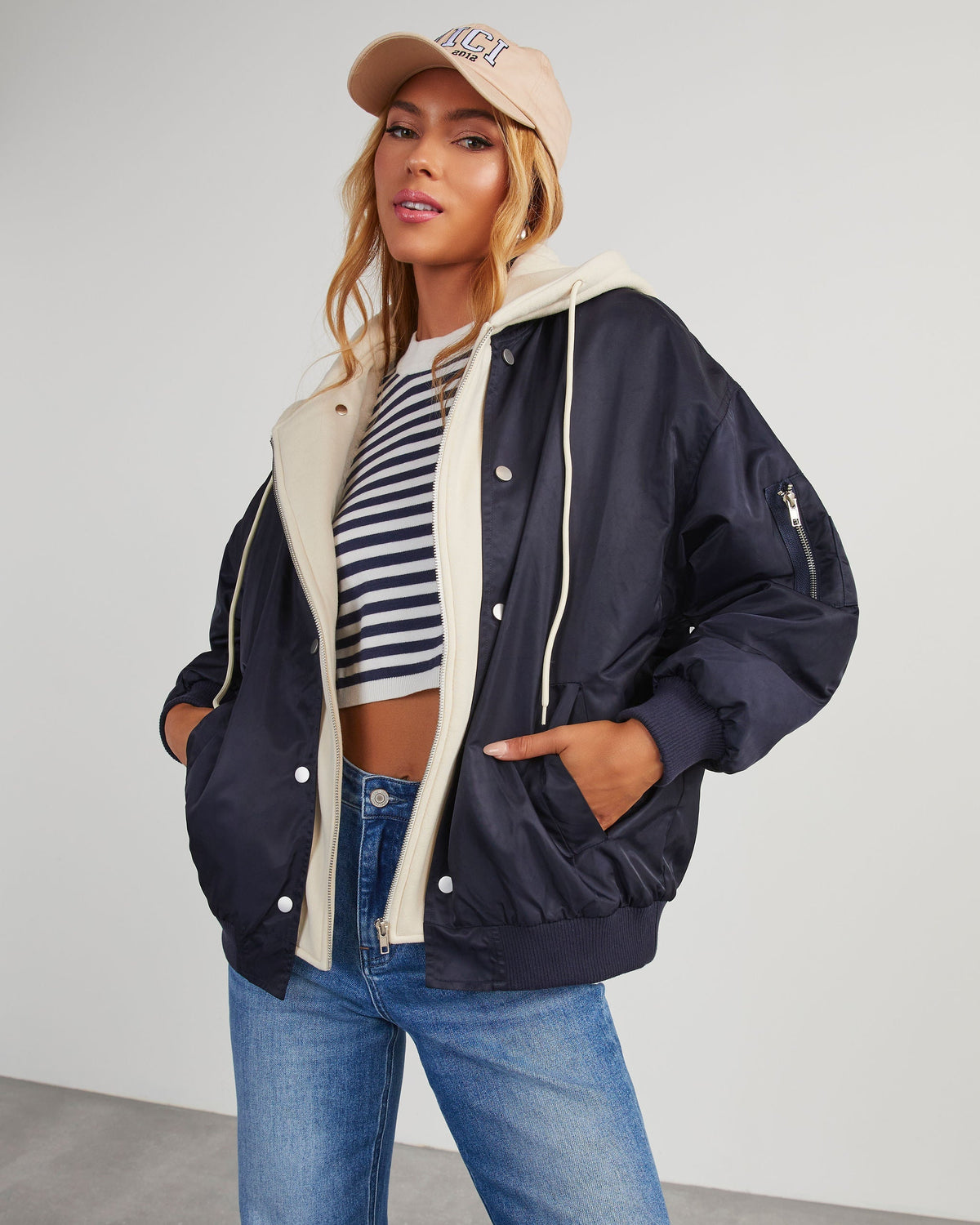 Navy/Cream % Campus Oversized Hooded Bomber Jacket-6