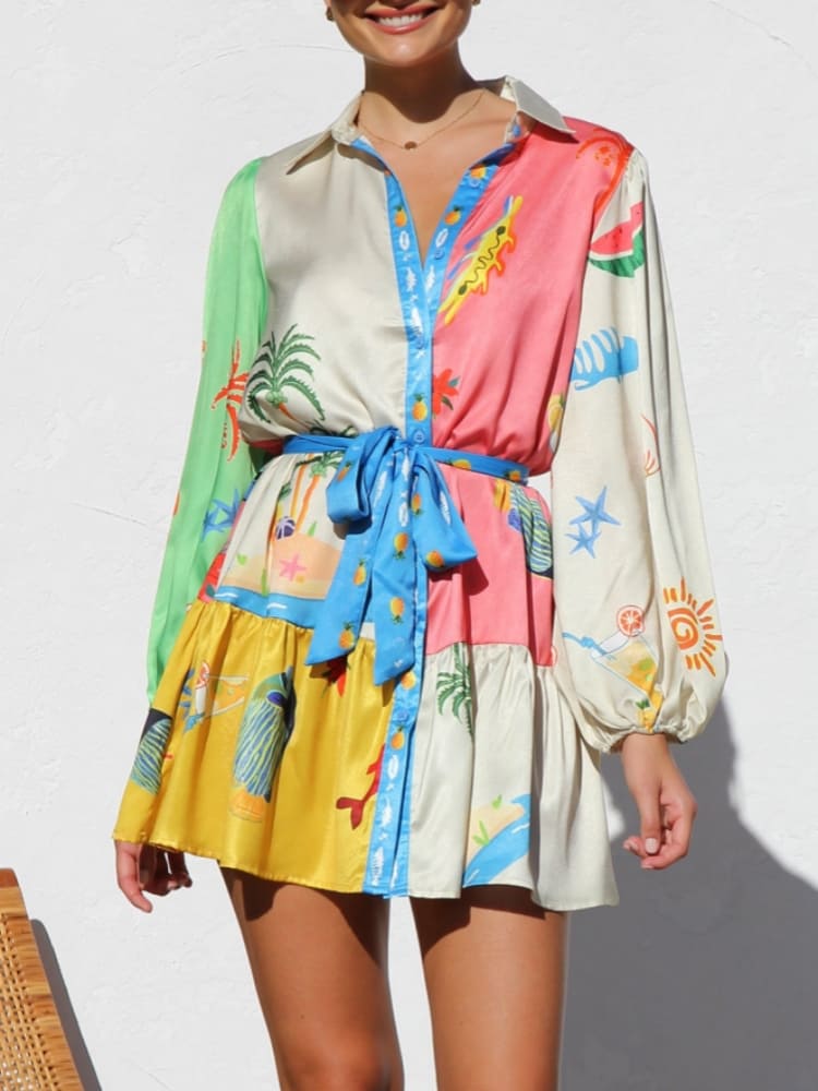 Women's Colorblock Print Button Down Collared Long Sleeve Mini Dress