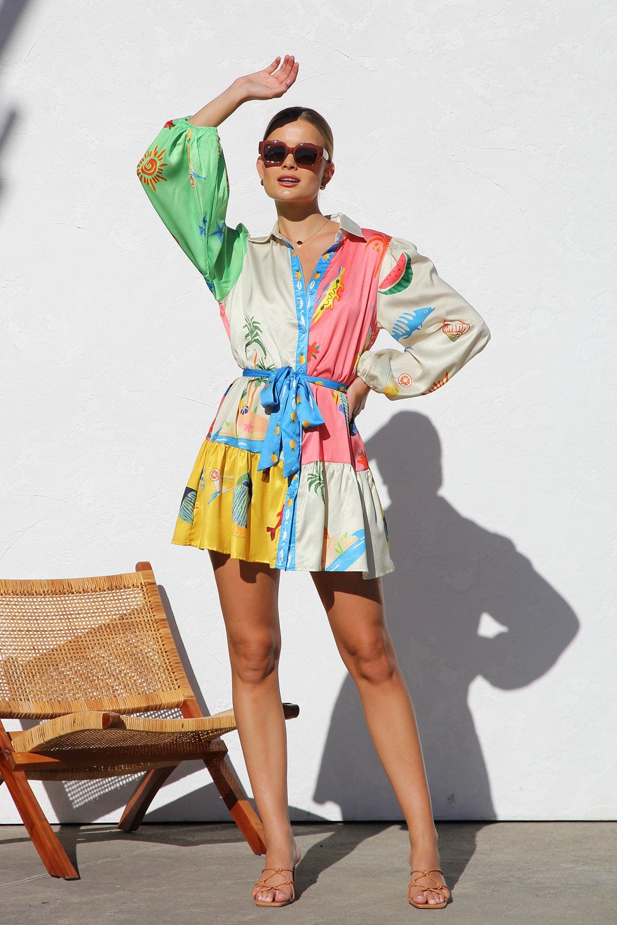 Women's Colorblock Print Button Down Collared Long Sleeve Mini Dress