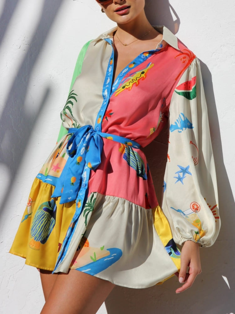 Women's Colorblock Print Button Down Collared Long Sleeve Mini Dress