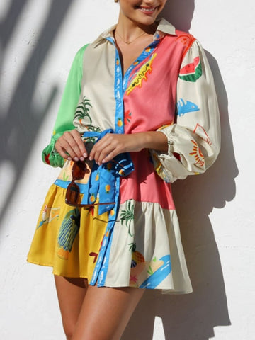 Women's Colorblock Print Button Down Collared Long Sleeve Mini Dress