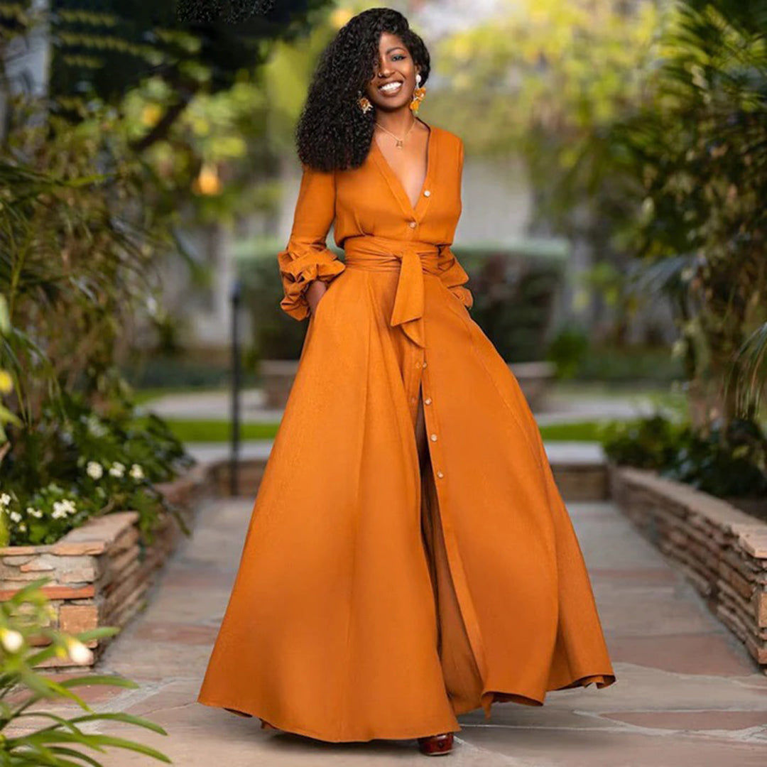 Women's Wrap Maxi Dress V-Neck Button-Front