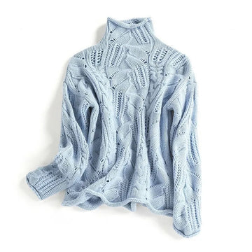 Women's Cable Knit Sweater with Funnel Neck and Ribbed Cuffs