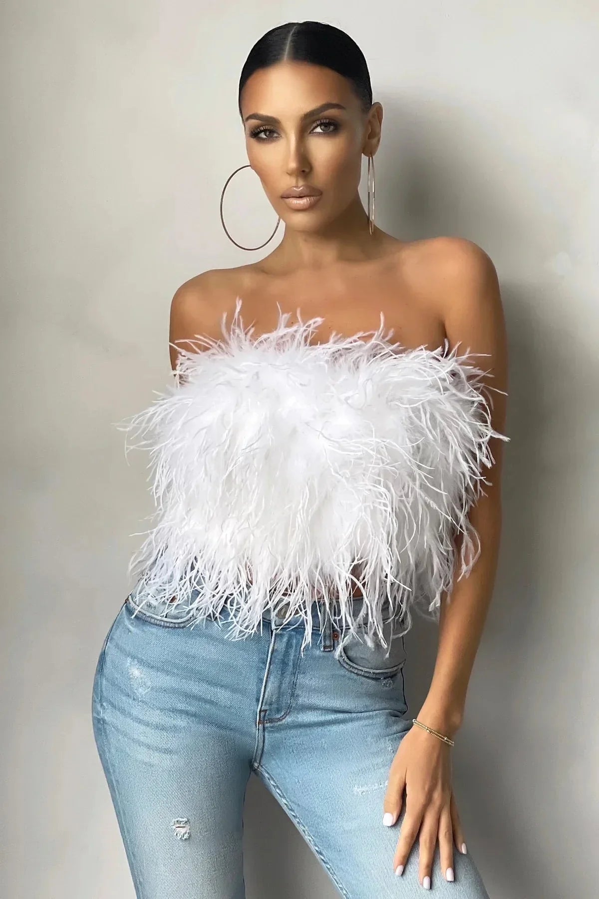 Women's Feather Strapless Cropped Bandeau Top