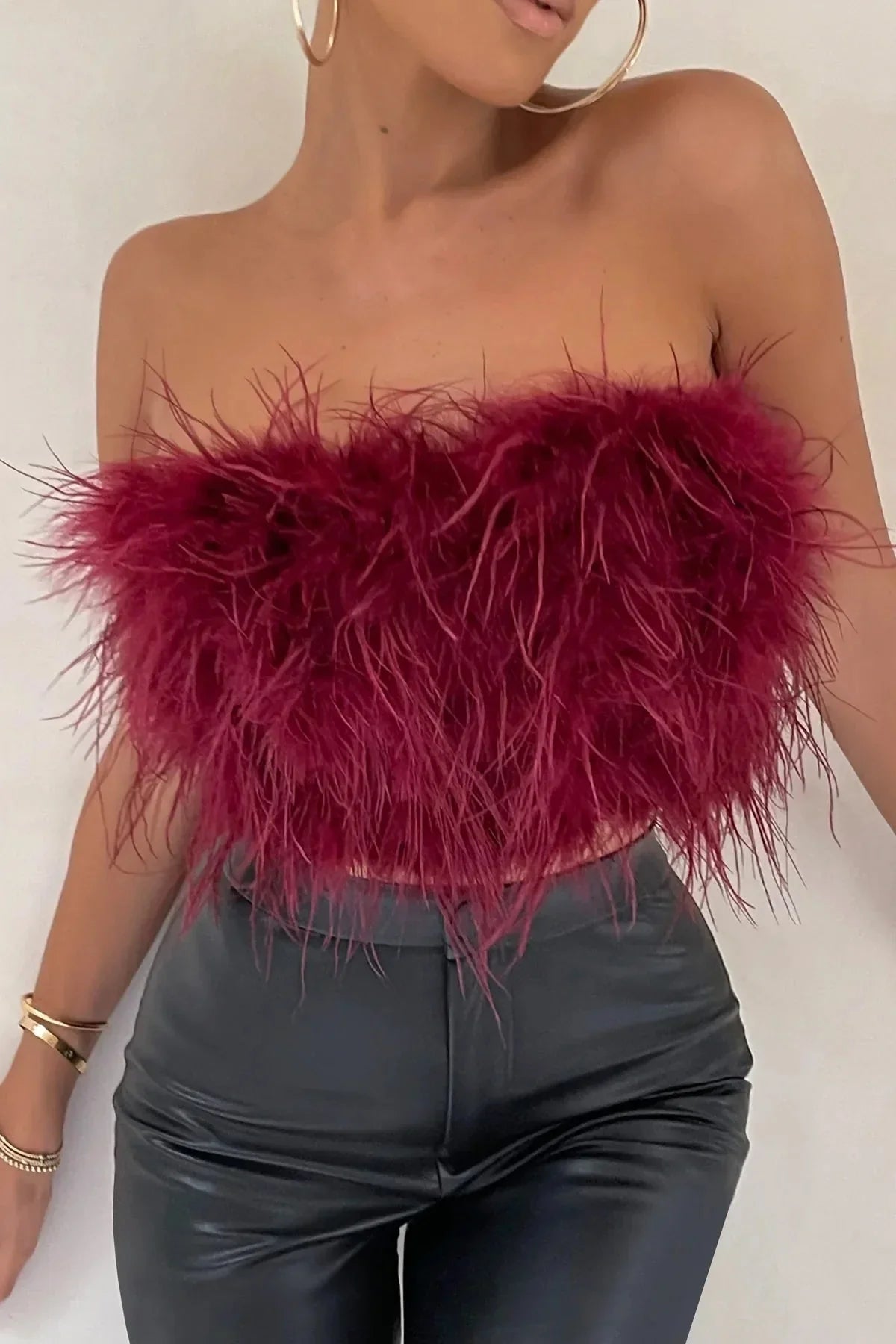 Women's Feather Strapless Cropped Bandeau Top