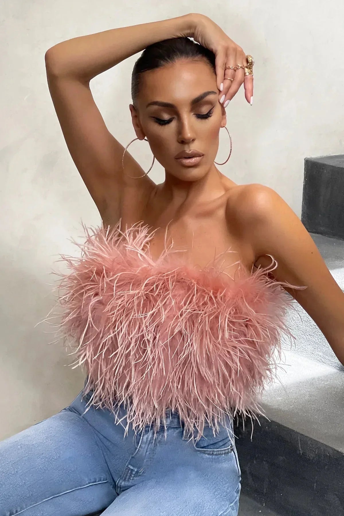 Women's Feather Strapless Cropped Bandeau Top