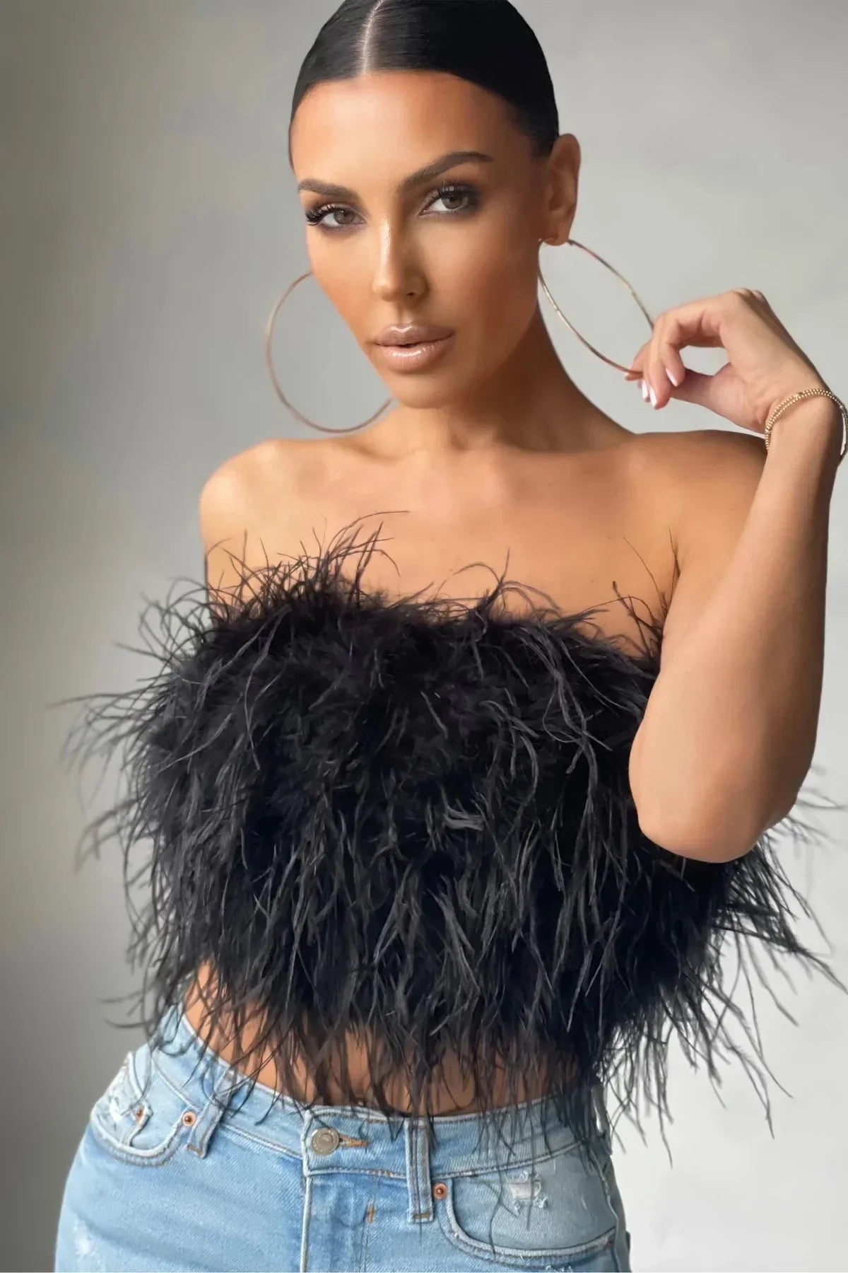 Women's Feather Strapless Cropped Bandeau Top