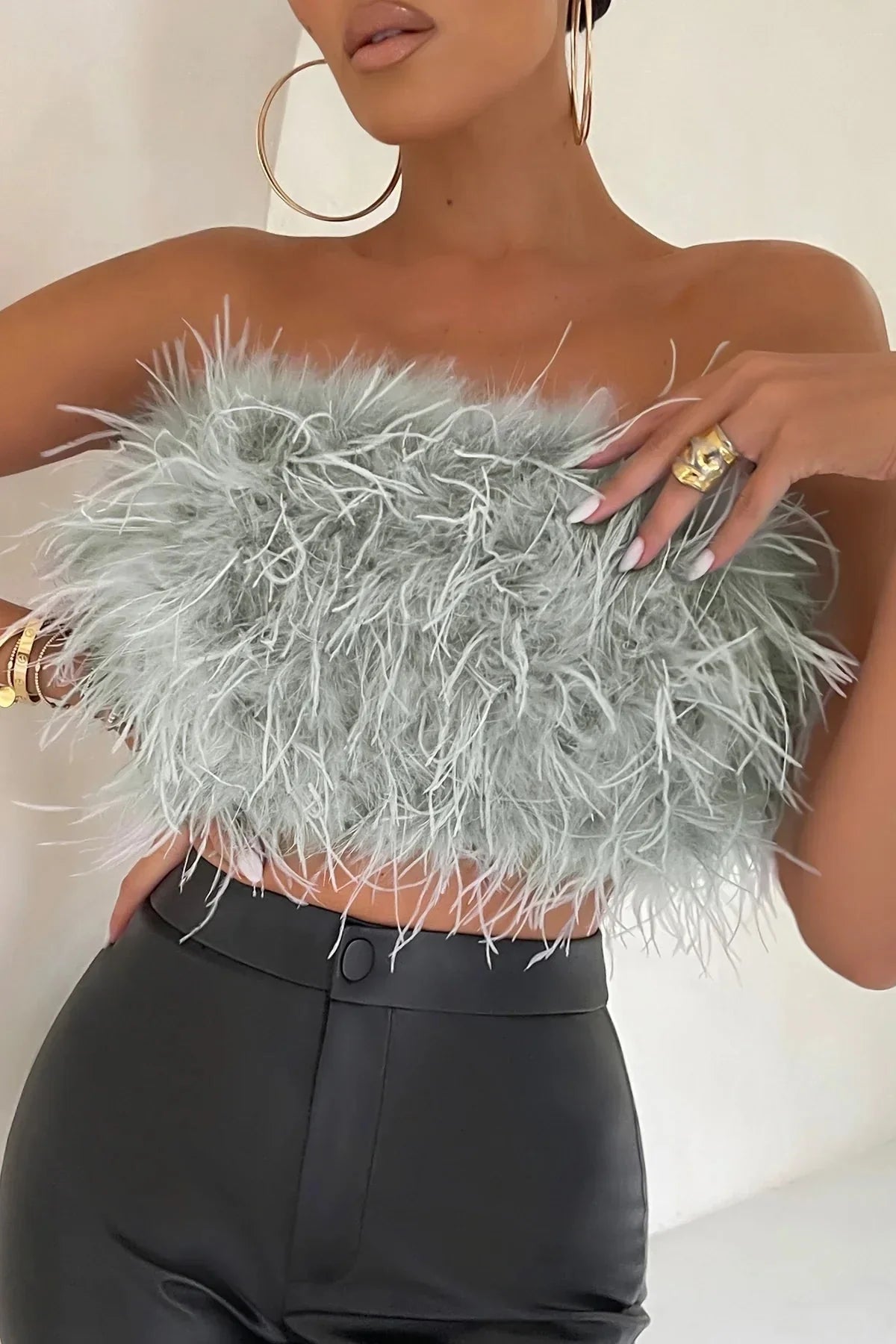 Women's Feather Strapless Cropped Bandeau Top