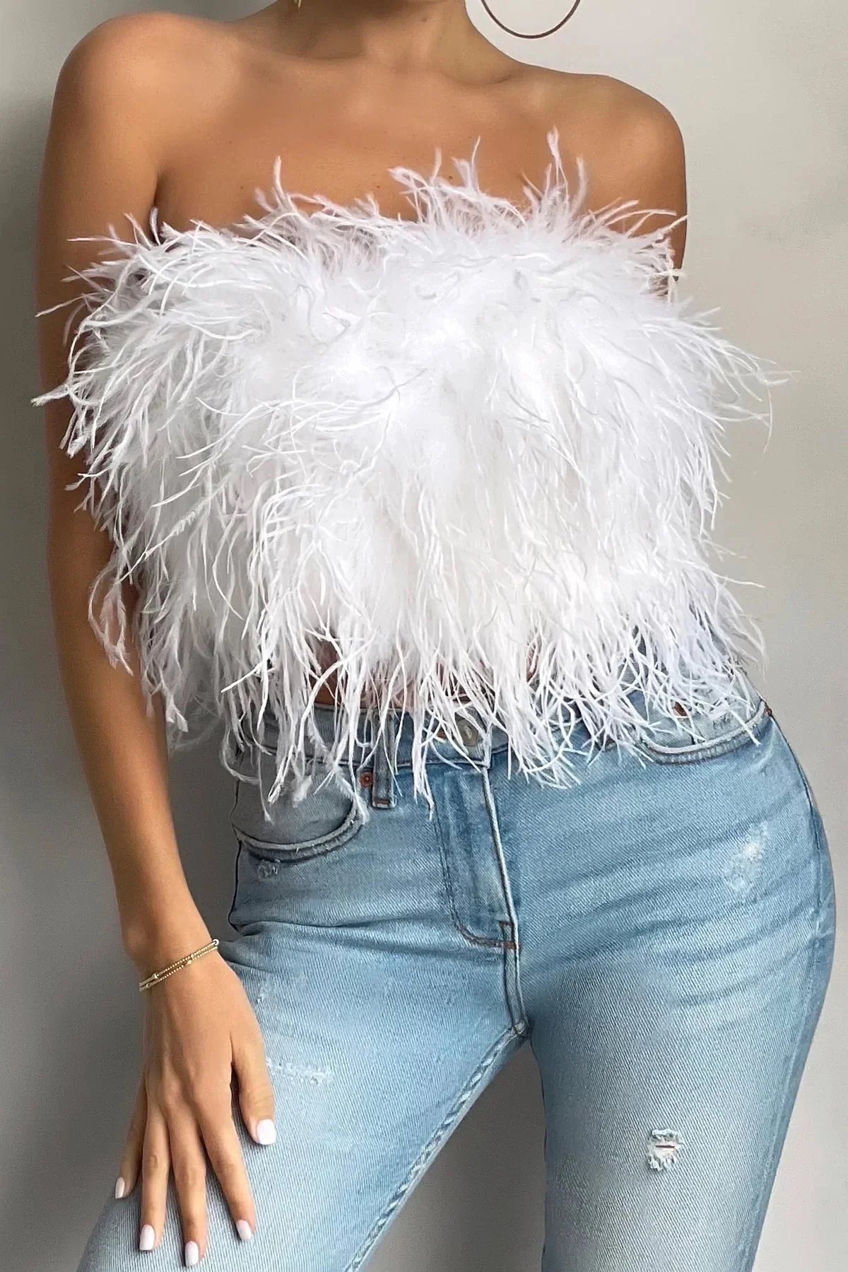 Women's Feather Strapless Cropped Bandeau Top