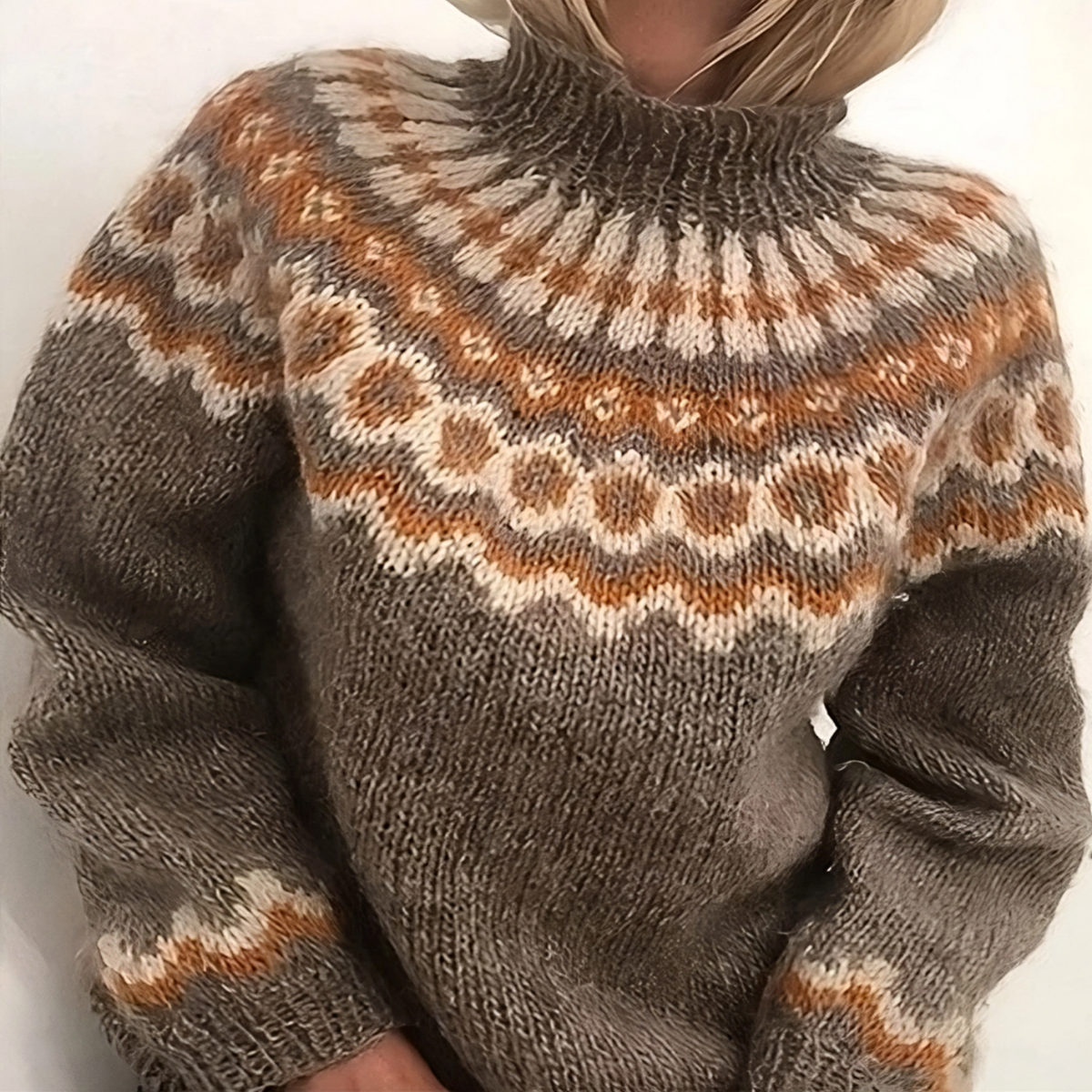 Women's Turtleneck Sweater with Fair Isle Pattern and Dropped Shoulders, Wool Knit