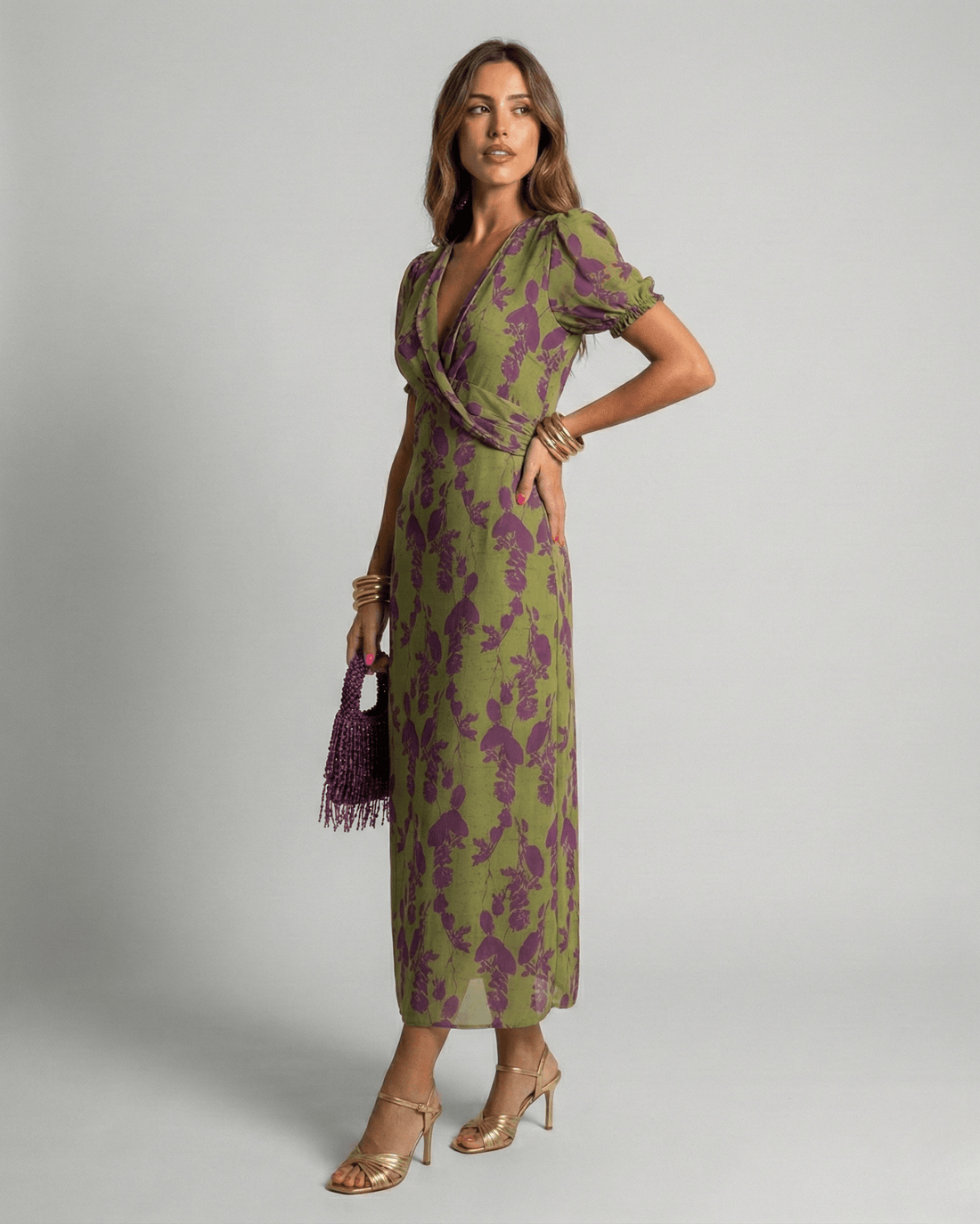 Women's Floral Wrap Maxi Dress Puff Sleeve