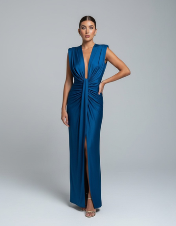 Vestito lungo senza maniche da donna con scollo a V profondo e spacco frontale