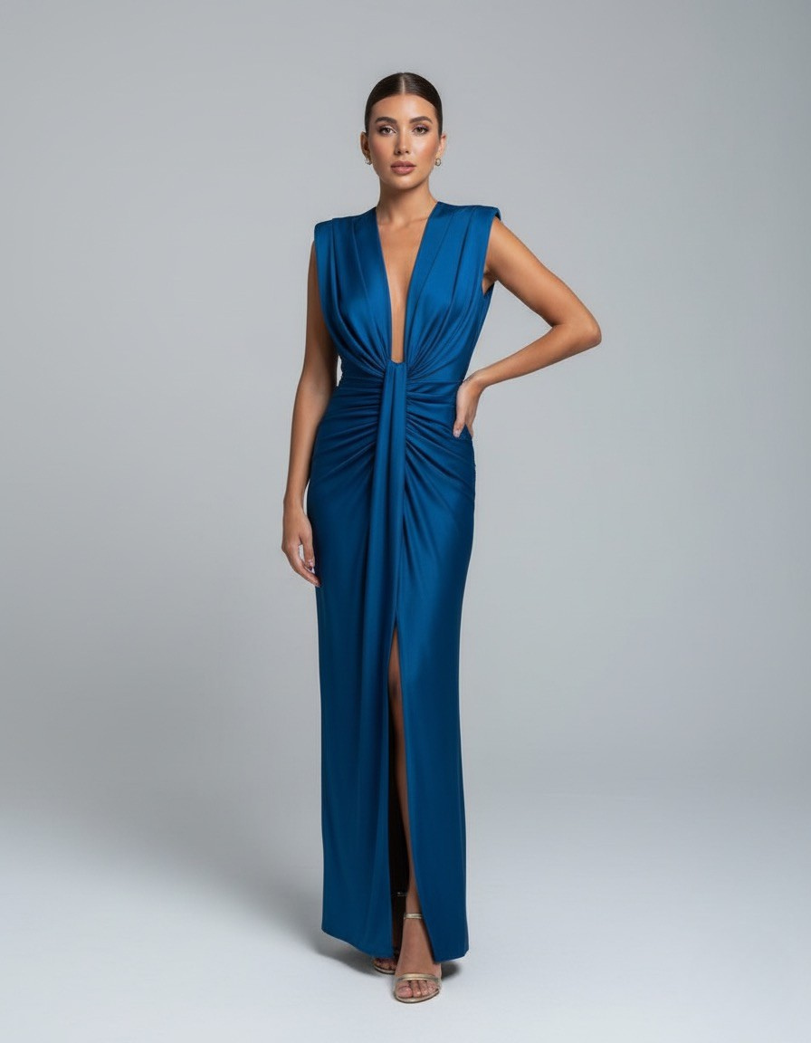 Vestito lungo senza maniche da donna con scollo a V profondo e spacco frontale