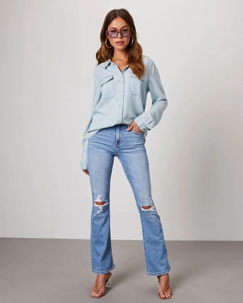 Damen Oversized Denim-Hemd – langärmliges Design mit Knopfleiste und Brusttaschen