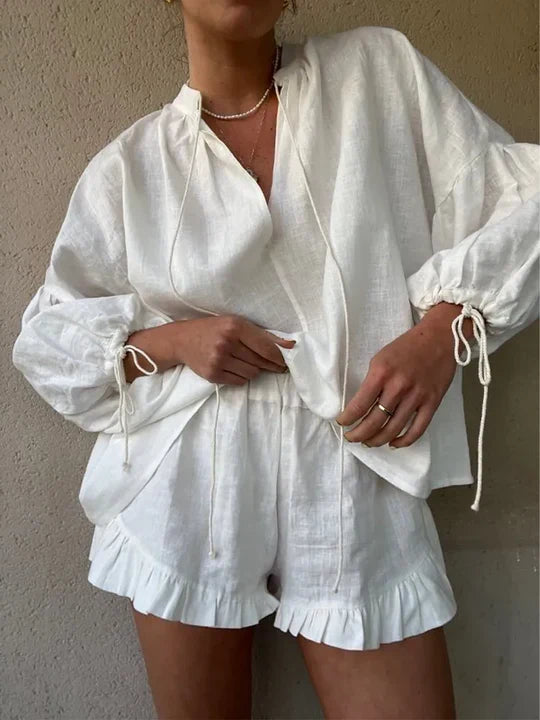 Damen Rüschenset zum Entspannen – Lässiges Zweiteiler-Outfit – Langarm-Top und Shorts – Legeres Sommer-Koordinationsset