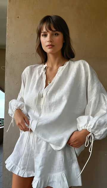 Damen Rüschenset zum Entspannen – Lässiges Zweiteiler-Outfit – Langarm-Top und Shorts – Legeres Sommer-Koordinationsset
