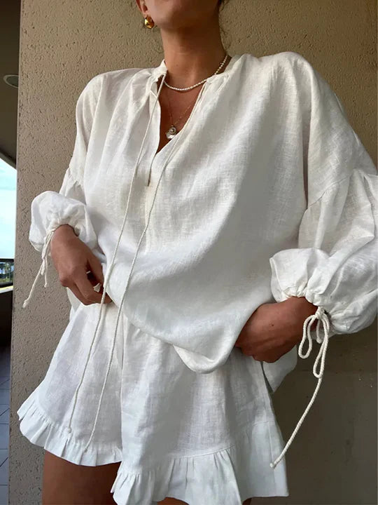 Damen Rüschenset zum Entspannen – Lässiges Zweiteiler-Outfit – Langarm-Top und Shorts – Legeres Sommer-Koordinationsset