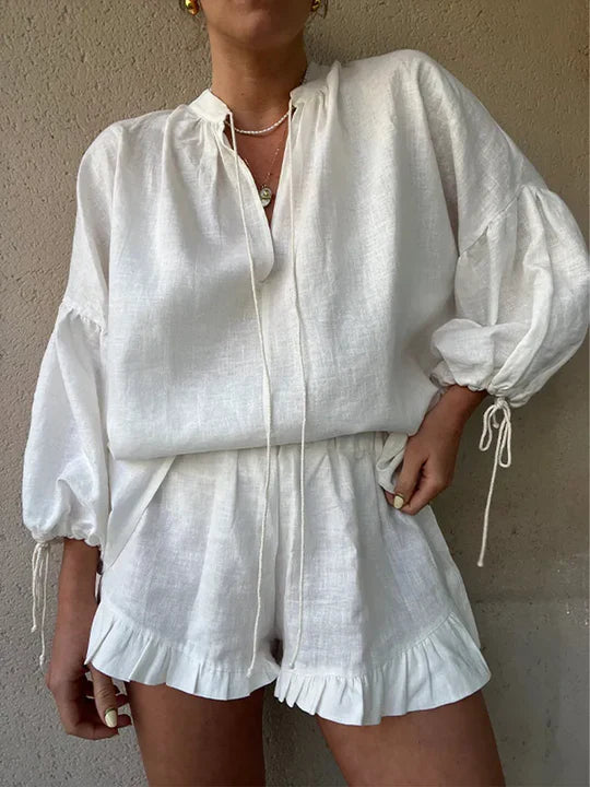 Damen Rüschenset zum Entspannen – Lässiges Zweiteiler-Outfit – Langarm-Top und Shorts – Legeres Sommer-Koordinationsset