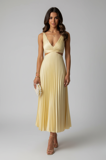 Women's Pleated Maxi Dress V-Neck Cut-Out Waist