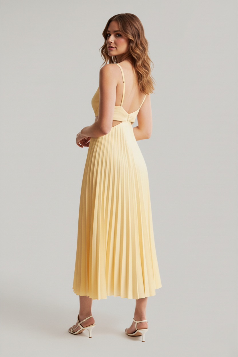 Women's Pleated Maxi Dress V-Neck Cut-Out Waist