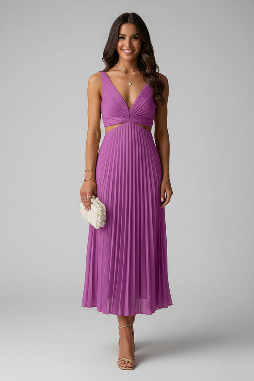 Women's Pleated Maxi Dress V-Neck Cut-Out Waist