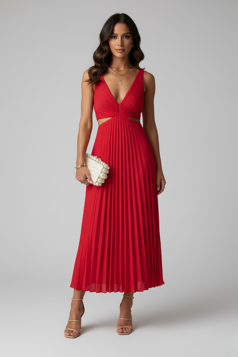 Women's Pleated Maxi Dress V-Neck Cut-Out Waist