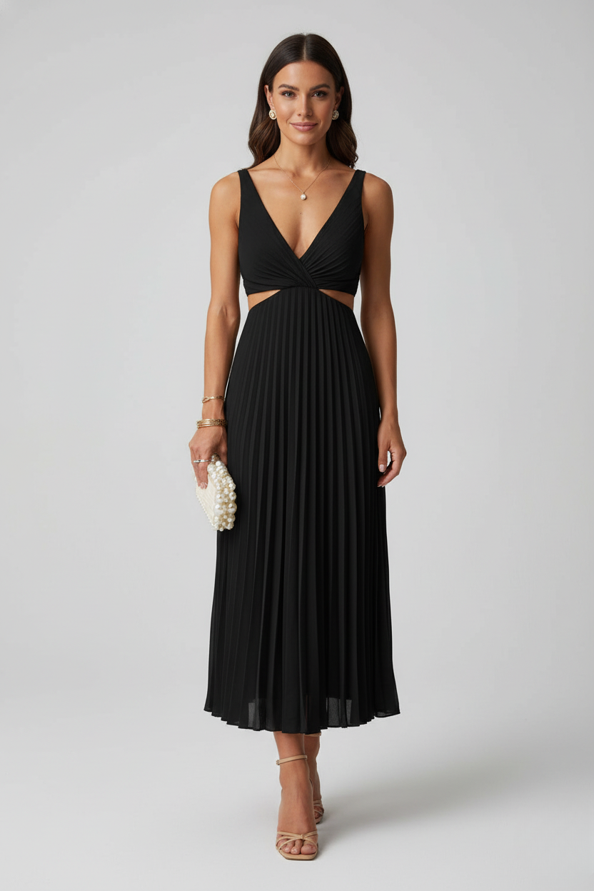 Women's Pleated Maxi Dress V-Neck Cut-Out Waist