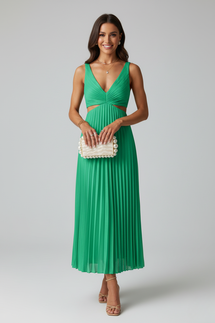 Women's Pleated Maxi Dress V-Neck Cut-Out Waist
