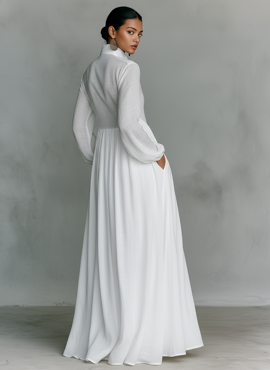 Women's Cotton Linen Maxi Dress Stand-Up Collar