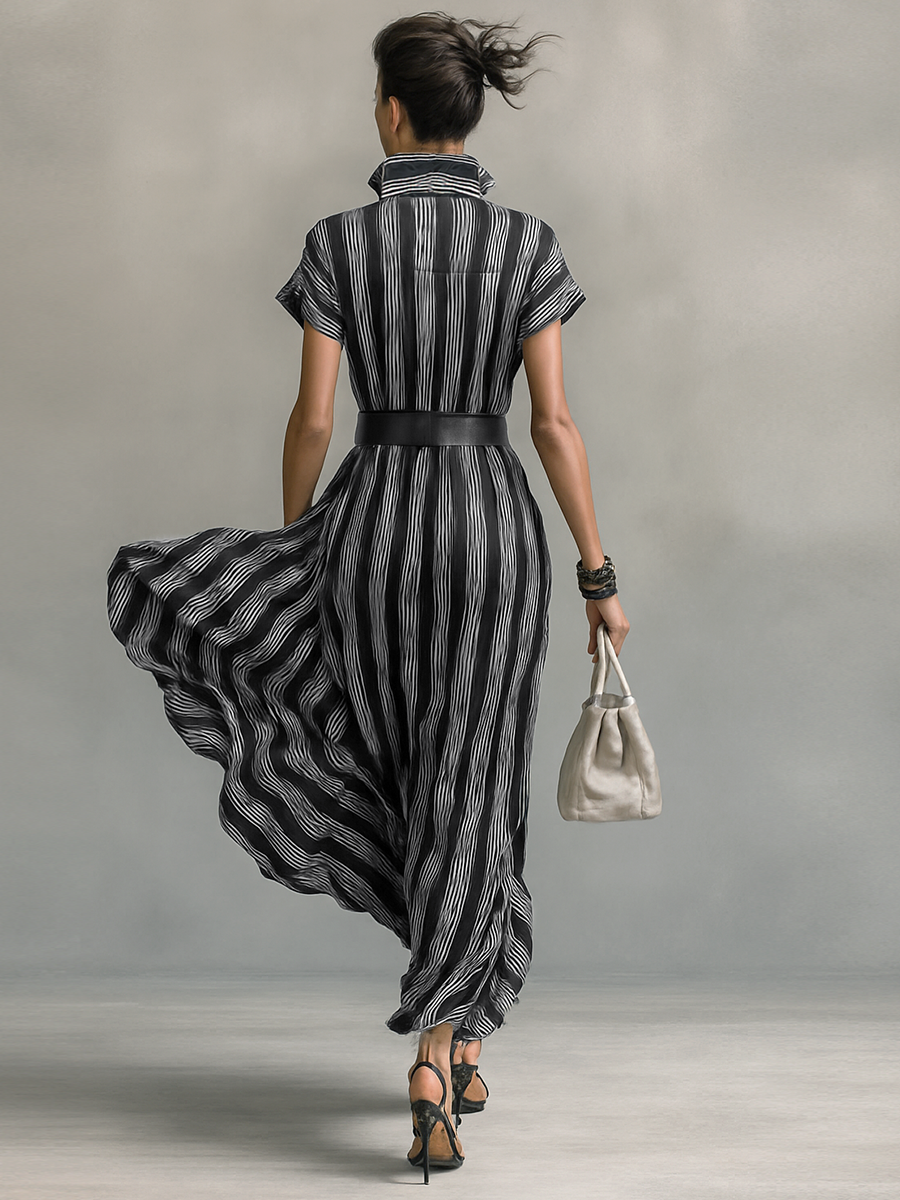 Women's Chiffon Striped Maxi Dress Shirt Style