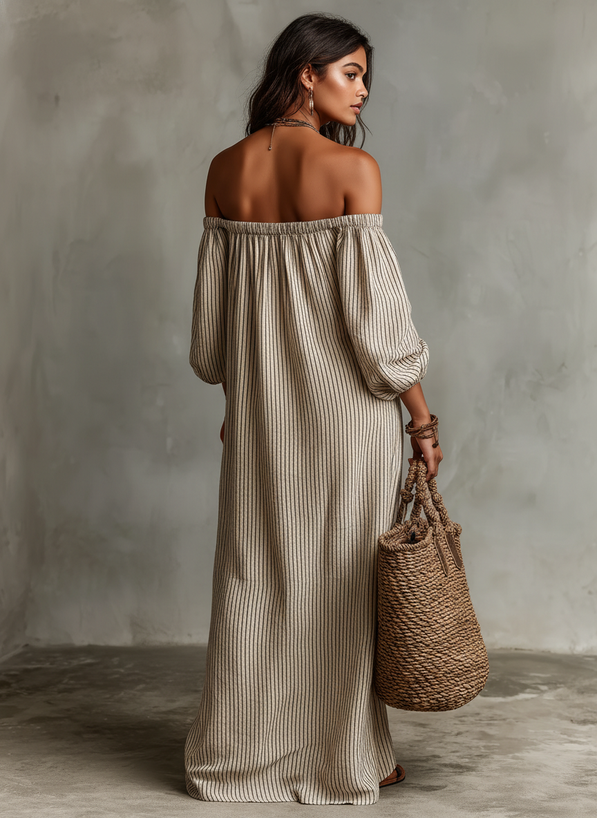 Women's Linen Striped Maxi Dress Off-Shoulder
