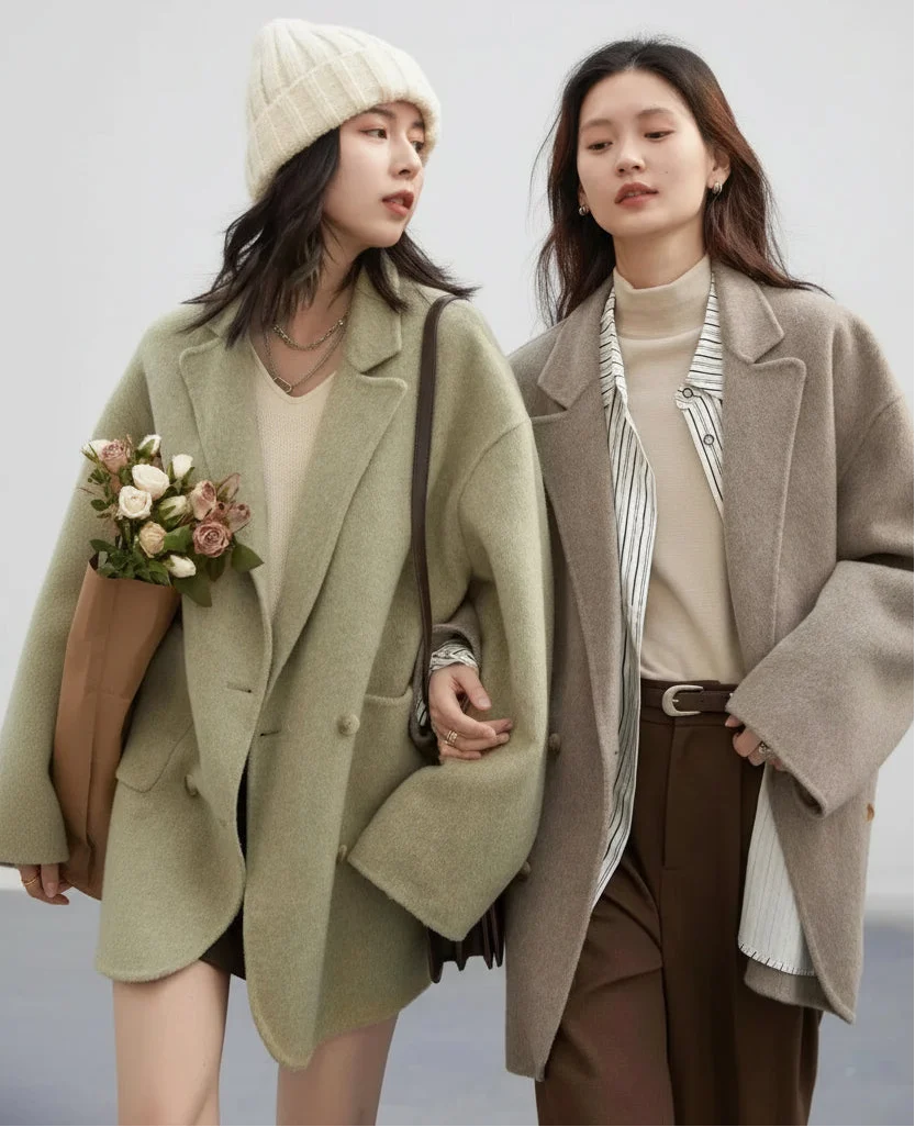 Double Breasted Polyester Coat with Loose Draping Silhouette and Double Sided Construction for Women