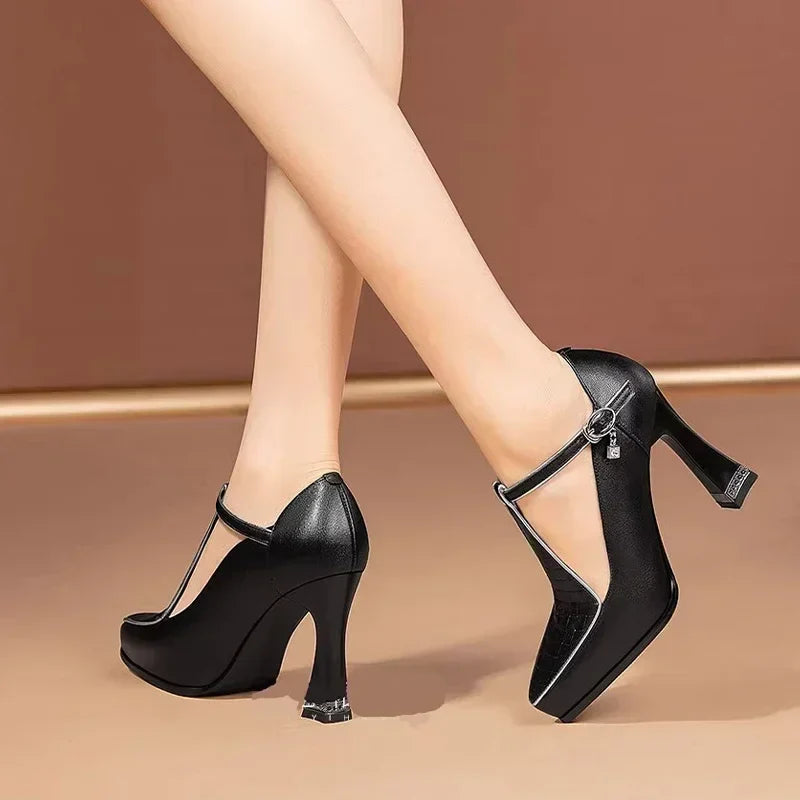 Women’s Platform Heels with T-Bar Strap Closed Toe and Block Heel