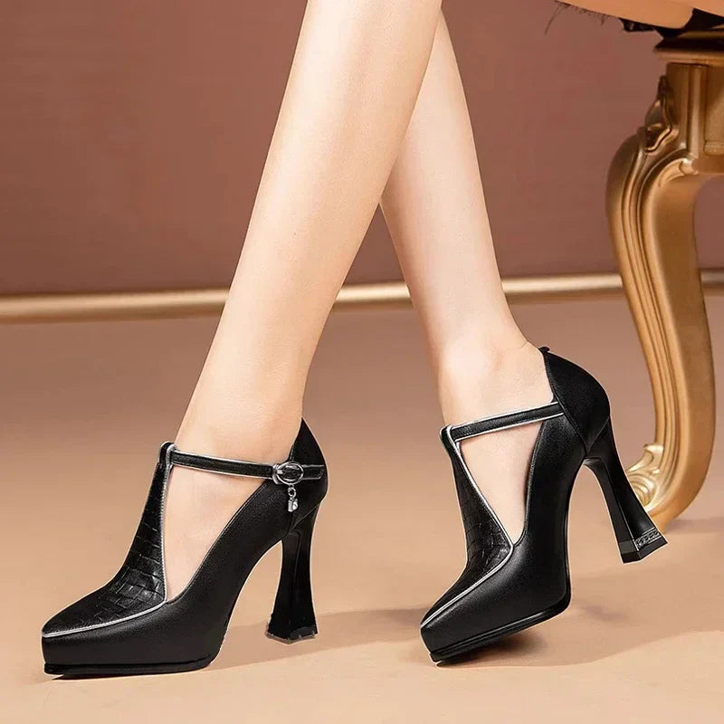 Women’s Platform Heels with T-Bar Strap Closed Toe and Block Heel
