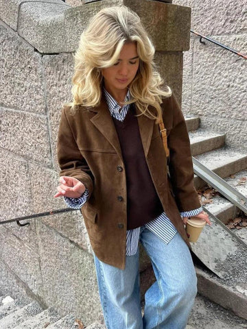 Long Blazer Coat with Notched Lapel and Button Front, Polyester